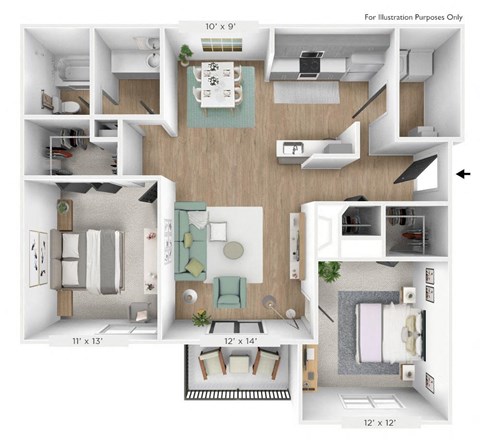 Floor plan for 2 beds, 1 bath, 978 sqft